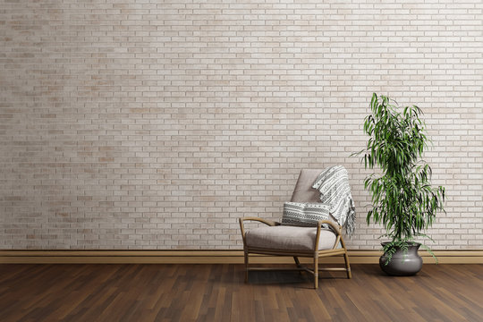 interior design of room with chair and beige brick wall, 3D rendering