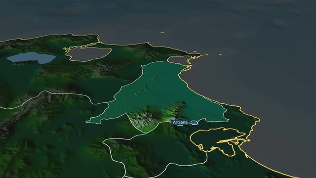 Ariana - governorate of Tunisia with its capital zoomed on the physical map of the globe. Animation 3D