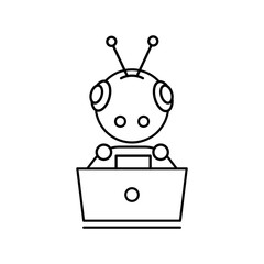 Concept of Artificial Intelligence AI. Robot with laptop. Outline thin line flat illustration. Isolated on white background. 