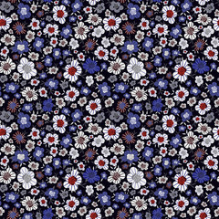 Floral seamless pattern with small white and blue wildflowers on a dark background. Cute folk print in vintage liberty style. Hand drawn vector illustration.