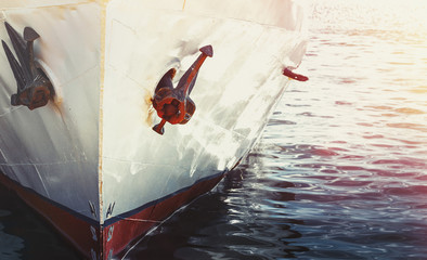 Fototapeta premium Cruise Travel Summer Concept. Marine Ship Moored To A Berth Close-up