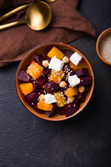 salad with beet,  feta, and pumpkin,  keto ketogenic dash diet, modern background, closeup