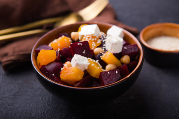 salad with beet,  feta, and pumpkin,  keto ketogenic dash diet, modern background, closeup