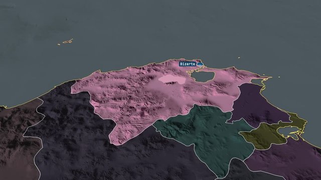 Bizerte - governorate of Tunisia with its capital zoomed on the administrative map of the globe. Animation 3D