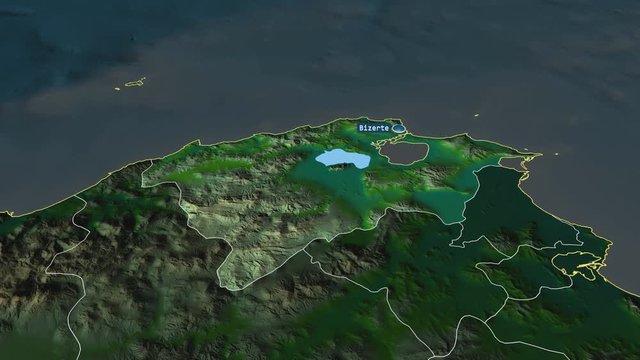 Bizerte - governorate of Tunisia with its capital zoomed on the physical map of the globe. Animation 3D