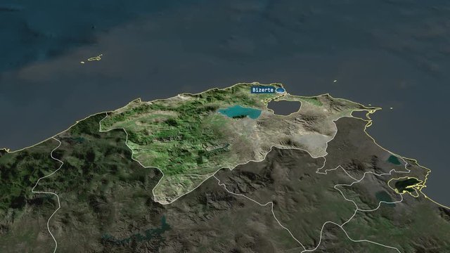 Bizerte - governorate of Tunisia with its capital zoomed on the satellite map of the globe. Animation 3D