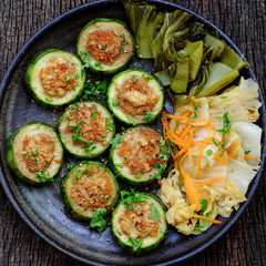 vegetarian food, grilled vegetables, winter melon stuff with tofu and carrot