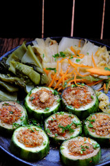 vegetarian food, grilled vegetables, winter melon stuff with tofu and carrot