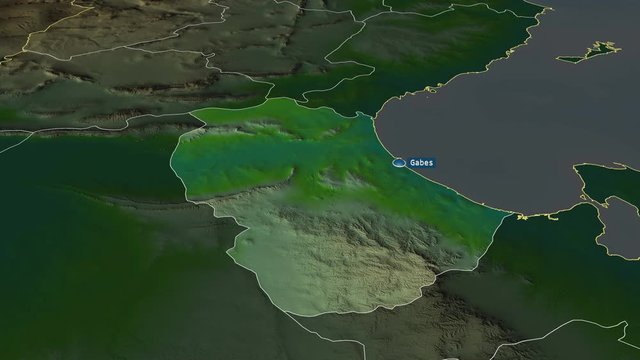Gab&egrave;s - governorate of Tunisia with its capital zoomed on the physical map of the globe. Animation 3D