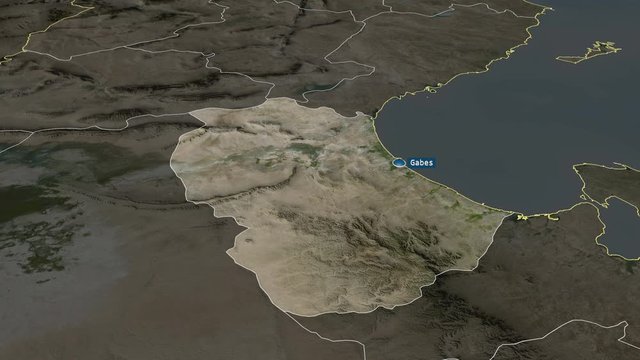 Gab&egrave;s - governorate of Tunisia with its capital zoomed on the satellite map of the globe. Animation 3D