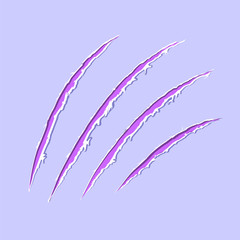 Cool cyber claws animal scratch scrape track. Cat tiger scratches paw shape. Four nails trace. Funny design element. Damaged cloth. Ragged edges. Isolated. Vector illustration.