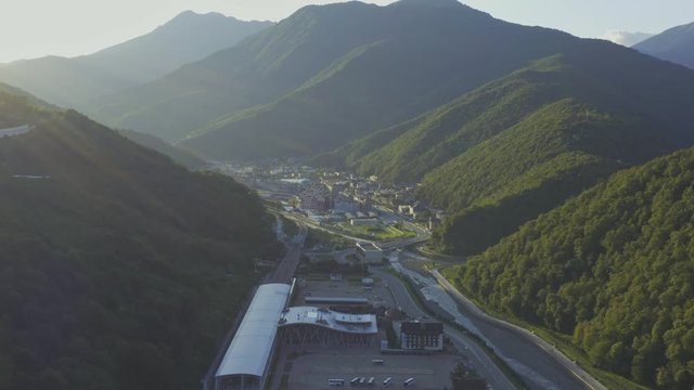 Aerial view krasnaya polyana resort city in mountain valley