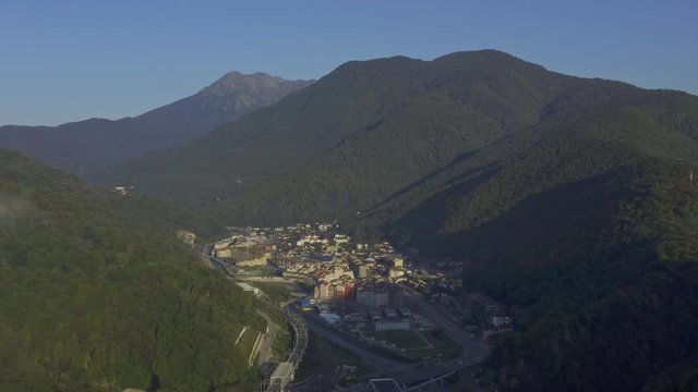 Aerial view Krasnaya polyana city in mountains