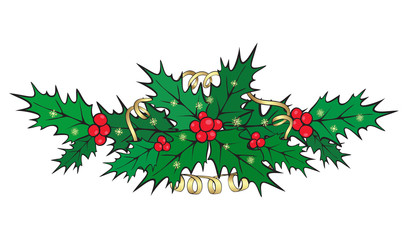 Colored Christmas decor of holly leaves and berries with golden serpentine and snowflakes. Isolated vector on a white background.	