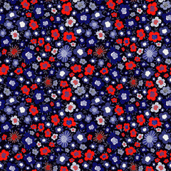 Floral pattern with red and blue flowers on dark background. Printing with small blossoms. Ditsy print. Beautiful botanical backdrop in modern vintage style. Seamless vector texture. - 299685974