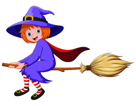 Halloween holiday. Cute little girl witch with flying on a broom