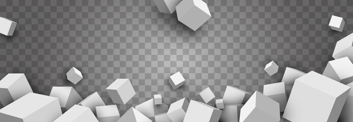 Abstract composition with group white boxes or cubes in different in perspective isolated on transparent background. Minimalistic design template for branding. Vector illustration.