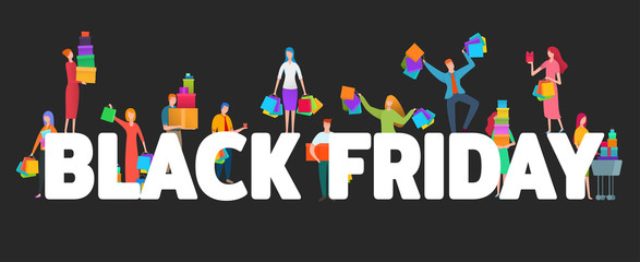 Black friday words with colorful flat people around isolated on black background. Modern vector cartoon concept illustration for advertising, branding, promotion design.