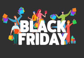 Black friday words with colorful flat people around isolated on black background. Modern vector cartoon concept illustration for advertising, branding, promotion design.