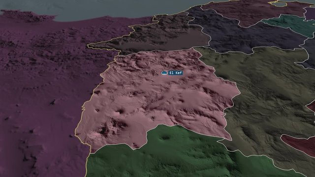 Le Kef - governorate of Tunisia with its capital zoomed on the administrative map of the globe. Animation 3D