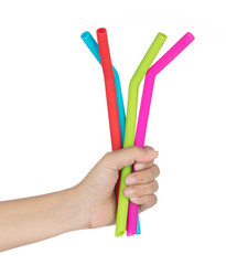 hand holding straw silicone isolated on white background © cloud7days