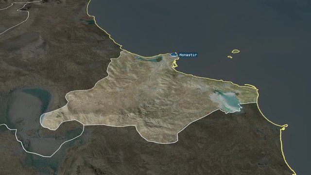 Monastir - governorate of Tunisia with its capital zoomed on the satellite map of the globe. Animation 3D