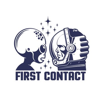 Astronaut in helmet and alien first contact face-to-face. Space retro concept. Vector illustration.
