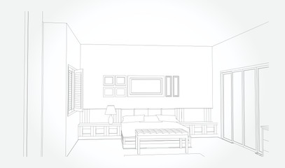 Linear sketch of an interior. Sketch Line bed room . Vector illustration.outline sketch drawing perspective of a interior space
