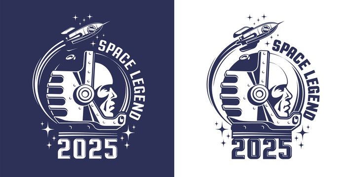 Astronaut in helmet logo in retro style. Spaceman in a space suit and a flying rocket - vintage emblem. Vector illustration.