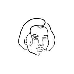 Hand drawn one line young woman or girl portrait face, beauty single icon, simple fashion logo, continuous hand drawing art.