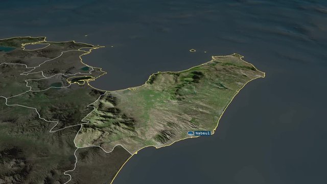 Nabeul - governorate of Tunisia with its capital zoomed on the satellite map of the globe. Animation 3D
