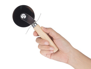Hand holding Kitchen Wooden Handle Stainless Steel Pastry Pizza Cutter isolated on white background