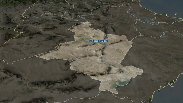 Sidi Bou Zid - governorate of Tunisia with its capital zoomed on the satellite map of the globe. Animation 3D