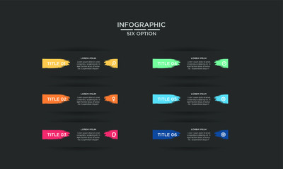 Six 6 Options brush stroke infographic step chart workflow  element Plan Slide Template with dark black background theme