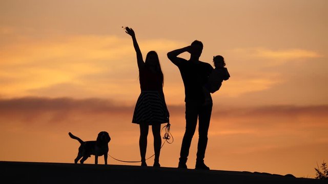 Couple with little child and dog wave goodbye, full length silhouetted shot of young family. People swing hands in air, looking to camera, doggy stay near