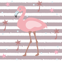 Cute Pink Flamingo with Palms and Stars on white Background