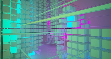 Abstract architectural white interior from an array of white cubes with color gradient neon lighting. 3D illustration and rendering.