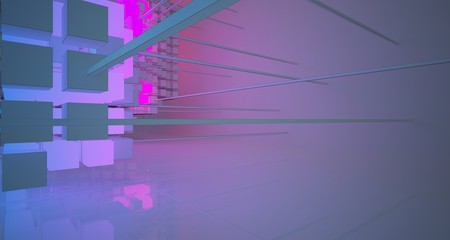 Abstract architectural white interior from an array of white cubes with color gradient neon lighting. 3D illustration and rendering.