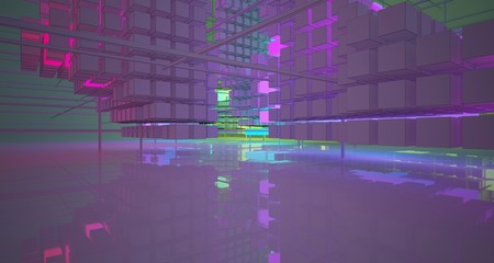 Fototapeta na wymiar Abstract architectural white interior from an array of white cubes with color gradient neon lighting. 3D illustration and rendering.