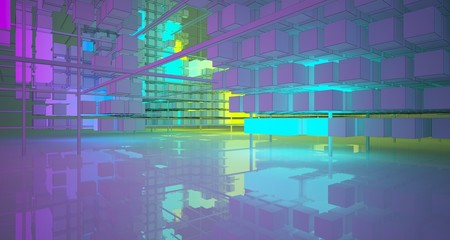 Abstract architectural white interior from an array of white cubes with color gradient neon lighting. 3D illustration and rendering.