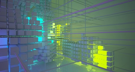 Fototapeta na wymiar Abstract architectural white interior from an array of white cubes with color gradient neon lighting. 3D illustration and rendering.