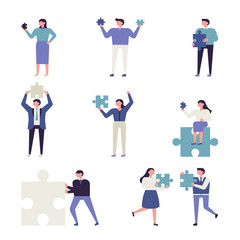 People holding puzzle pieces of different sizes. vector design illustrations.