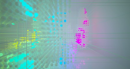 Abstract architectural smooth white interior  from an array of white spheres with with color gradient neon lighting. 3D illustration and rendering.