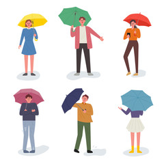 People in the street wearing umbrellas. vector design illustrations.