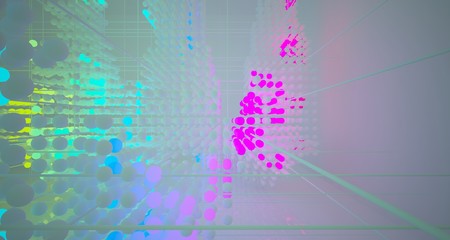 Obraz premium Abstract architectural smooth white interior from an array of white spheres with with color gradient neon lighting. 3D illustration and rendering.