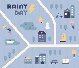Fototapeta na wymiar Map of the town on a rainy day. vector design illustrations.