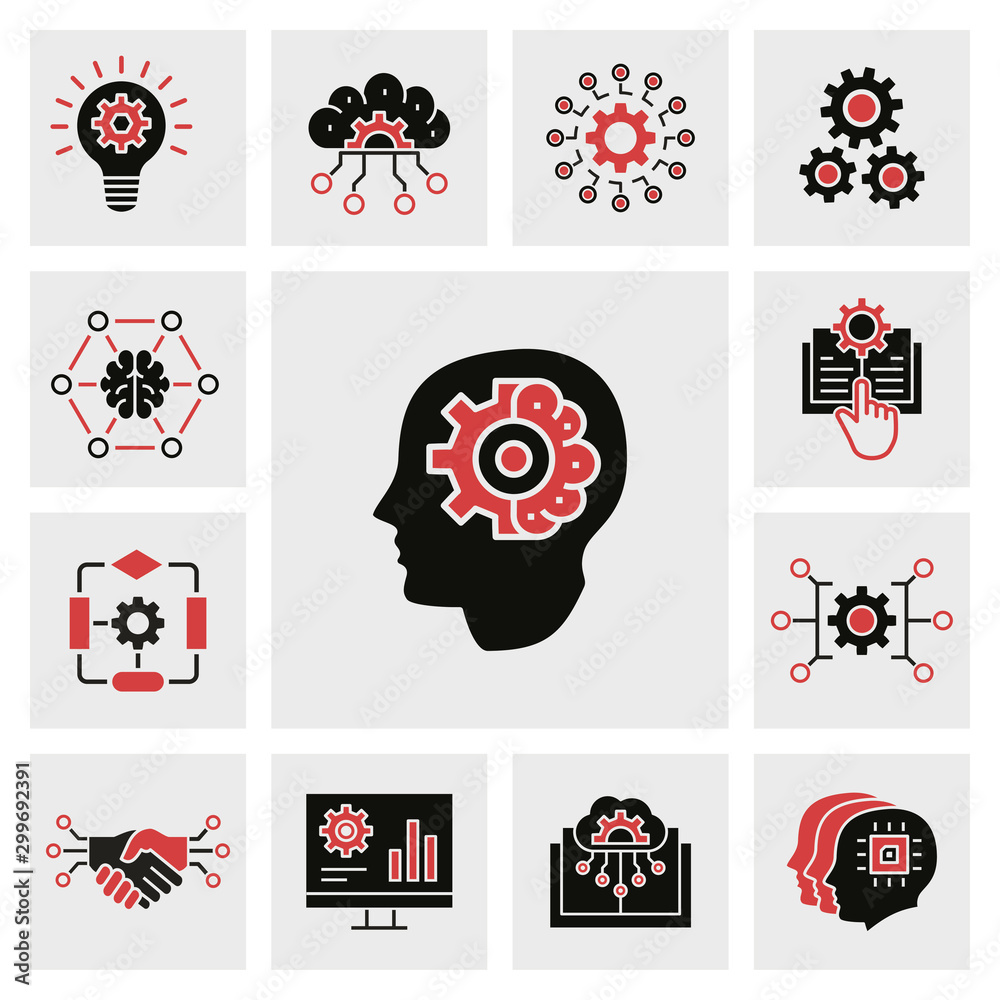 Aufkleber machine learning icons, such as artificial intelligence, algorithm, automated system, robot