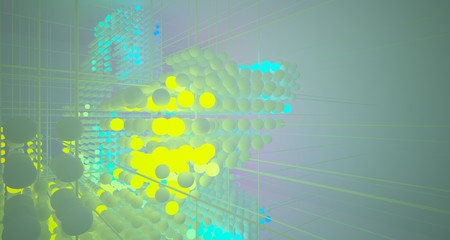 Obraz premium Abstract architectural smooth white interior from an array of white spheres with with color gradient neon lighting. 3D illustration and rendering.