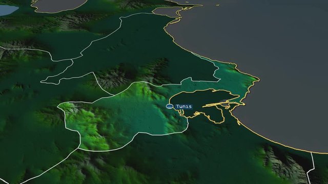 Tunis - governorate of Tunisia with its capital zoomed on the physical map of the globe. Animation 3D