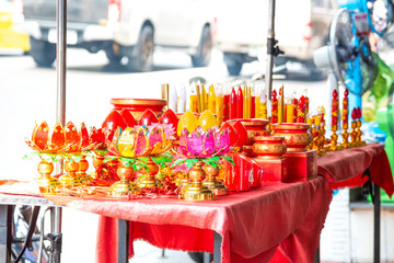Red candle led on golden candlestick in Chinese  traditional style